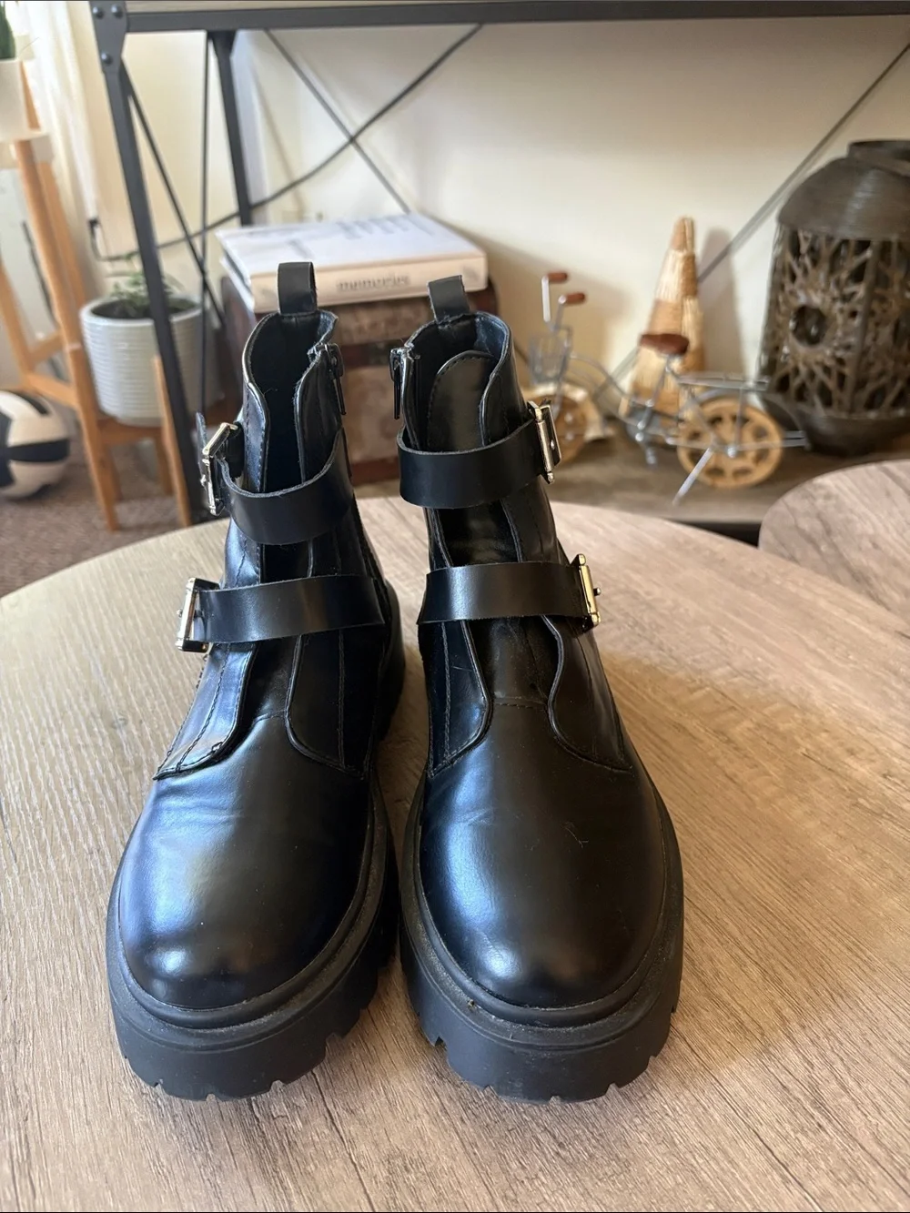 Black Leather Strap Combat Boots - women
